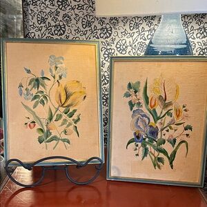 Velvet Botanical Floral Framed Prints - teal and gold wood frames